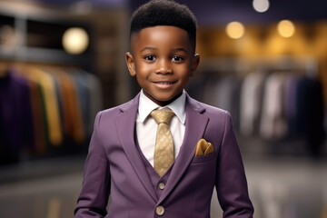 Wall Mural - Young boy wearing purple suit and tie. Perfect for formal occasions and events