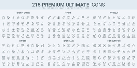 Aufkleber - Healthy nutrition and diet, sports training in gym, medical care thin black line icons set vector illustration. Outline symbols of equipment for bodybuilding and exercises, calendar app pictograms