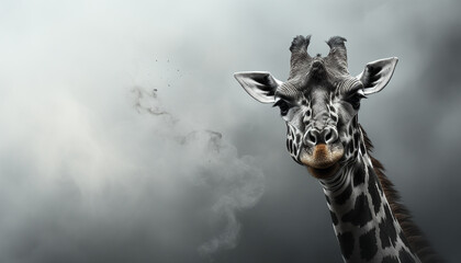 Poster - Giraffe, majestic mammal, gazes at camera in African savannah generated by AI