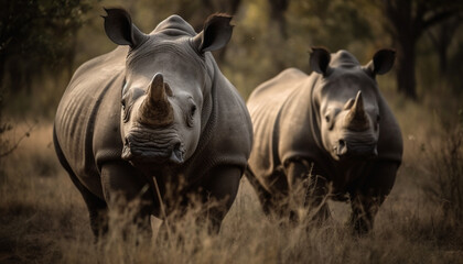 Wall Mural - White rhinoceros grazing on savannah, looking at camera in close up generated by AI