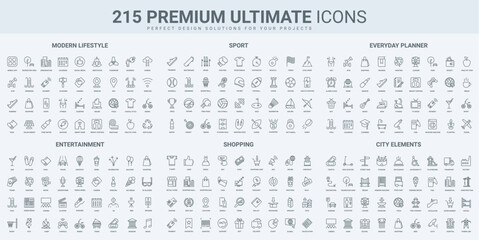Aufkleber - Daily planner for sport training and learning, healthy diet thin black line icons set vector illustration. Outline symbols of lifestyle plan for shopping and entertainment, fitness, city buildings