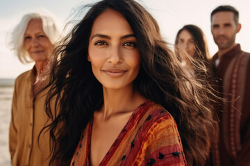 Canvas Print - Woman confidently stands in front of group of people. This image can be used to depict leadership, teamwork, or public speaking situations