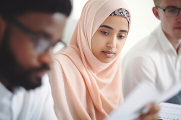 Wall Mural - Woman wearing hijab is focused on examining piece of paper. This image can be used to depict education, studying, or professional settings
