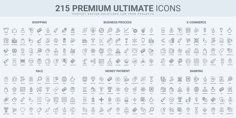 Poster - Money payment and income, discount and sales in retail store, ecommerce thin black line icons set vector illustration. Outline symbols of piggy bank, office work and online business marketing