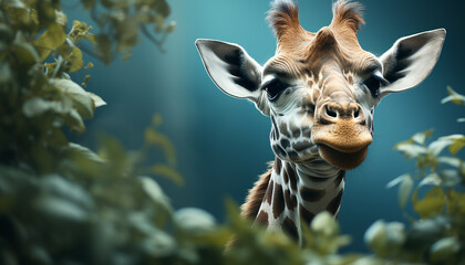 Poster - Cute giraffe looking at camera in African wilderness generated by AI