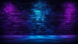 dark blue and purple empty brick wall texture pattern with bright spotlights, neon tubes and laser beams, empty scene background, products display and presentation