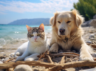 A cat and a dog lying on a beach with a beautiful ocean and mountain view in the background.