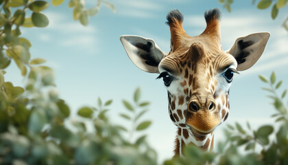 Poster - Giraffe in the wild, looking cute, surrounded by green meadow generated by AI