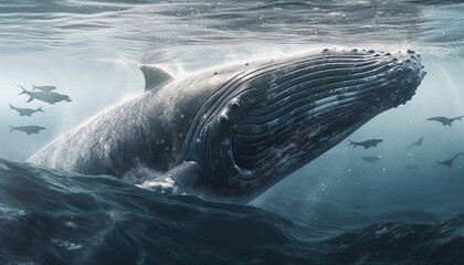 Wall Mural - Majestic humpback whale in deep blue sea, a natural beauty generated by AI