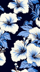 Wall Mural - Blue and white hibiscus print, in the style of harmonious color schemes, leaf patterns, junglepunk, junglecore