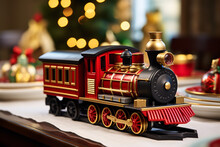 Toy Train As Centerpiece To A Table Set For Christmas Dinner