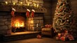 © olegganko - decorated Christmas tree, presents, and a roaring fire in the fireplace