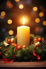 Poster - A lit candle sitting on top of a Christmas wreath. Can be used to add a festive touch to holiday decorations or as a symbol of warmth and light during the holiday season.