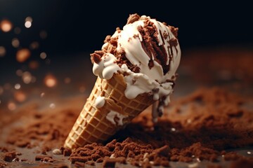 Poster - A delicious ice cream cone with chocolate and white icing. Perfect for summer treats or dessert illustrations.