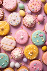 Wall Mural - Easter-themed cookies, cupcakes, and other treats, set against a colorful background with copy space