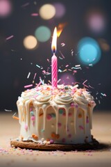 Poster - A picture of a birthday cake with a lit candle and sprinkles. Perfect for celebrating birthdays and special occasions.