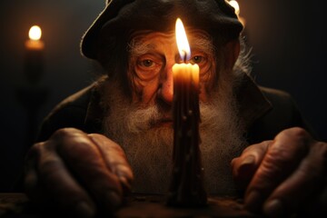 Aufkleber - A bearded man is holding a lit candle. This image can be used to depict concepts such as serenity, meditation, spirituality, or celebration.