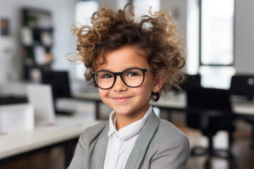 Wall Mural - Young girl wearing glasses is pictured in professional office setting. This image can be used to represent education, diversity, or future generation in workplace