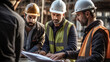 © MP Studio - Group of construction workers, wearing hardhats and safety vests, are engaged in a meeting with blueprints at a construction site.