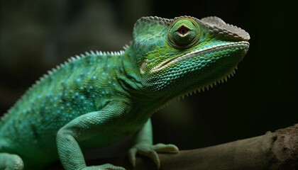 Poster - Green lizard on branch, scales and eyes in sharp focus generated by AI