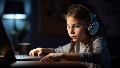 Sticker - Cute girl enjoying wireless technology, listening to music and typing generated by AI