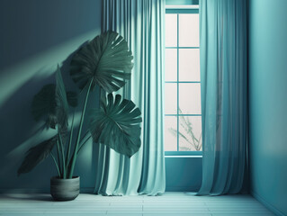 Poster - Room with blue curtains and a plant in front of the window.
