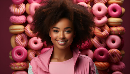 Canvas Print - Smiling young woman enjoying sweet donut, looking at camera generated by AI