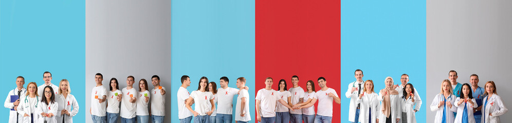 Poster - Set of many people with red ribbons and condoms on color background. Banner for World AIDS Day