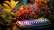 Fleurs et végétation autour d'un clavier d'ordinateur