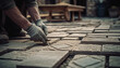 Construction worker installing tile flooring with rough stone material outdoors generated by AI