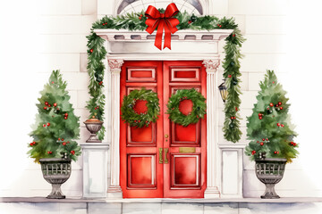 Wall Mural - Red door with a green Christmas wreath watercolor style on a white background