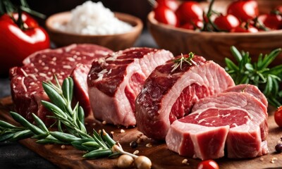 Wall Mural - Variety of raw meat. Steak, ribeye, tenderloin fillet mignon from pork or beef. Cooking or barbeque ingredients