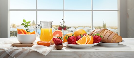 Wall Mural - In an inviting summer kitchen, a beautiful illustration of white background is adorned with vibrant colors of orange and strawberry fruits, alongside freshly baked bread, creating an appealing design