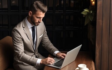 Wall Mural - A handsome businessman is looking at a laptop. Business vibe