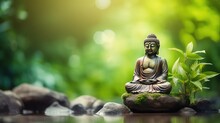 Buddha Statue On A Rock In A Blurred Green Bamboo Background. Close-up, A Picturesque Colorful Artistic Image With A Soft Focus.