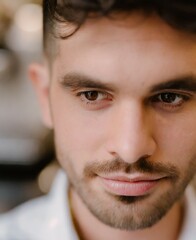 Poster - Brunette handsome man office executive professional businessman at work, serious focused face closeup portrait photography