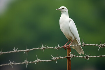 White dove of freedom on Pakistan flag background and barbed wire, concept Kashmir Solidarity Day 5th Feb