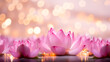 Pink water lily or lotus flower with bokeh background with copyspace. Concept Vesak day Buddhist lent, Buddha birthday