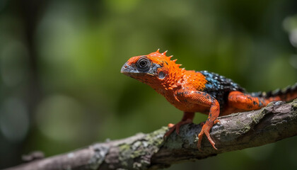 Canvas Print - Green gecko perching on branch in tropical rainforest habitat generated by AI