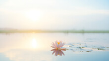 Landscape Morning Sunrise On Lake With Beautiful Pink Lotus Flowers, Concept Vesak Day