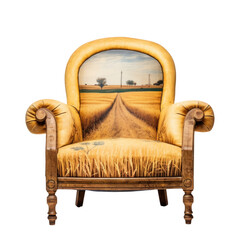 Wall Mural - A cozy armchair with a wheat field scene on its upholstery, merging comfort with art.