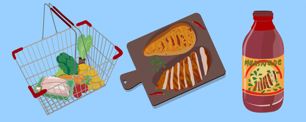 products from the store and a dish on a board in vector. a cart with products, a steak on a board, a bottle of sauce in a semi-realistic style. objects for the design of a menu for a cafe bar restaura