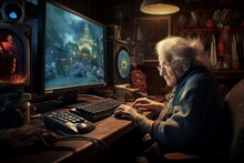 Grandma Plays Computer Game. Happy Character. Fictional Person. Generate Ai