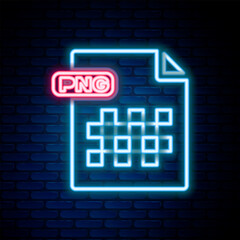 Poster - Glowing neon line PNG file document. Download png button icon isolated on brick wall background. PNG file symbol. Colorful outline concept. Vector