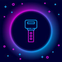 Poster - Glowing neon line House key icon isolated on black background. Colorful outline concept. Vector