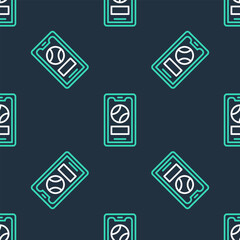 Poster - Line Smartphone with baseball ball on the screen icon isolated seamless pattern on black background. Online baseball game for mobile phone. Vector