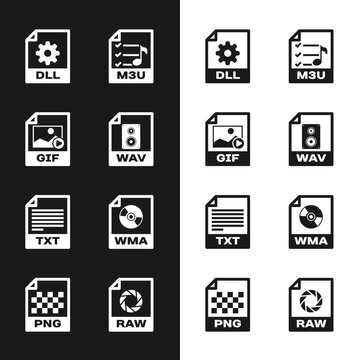 Set WAV file document, GIF, DLL, M3U, TXT and WMA icon. Vector