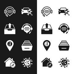 Poster - Set Headphones with speech bubble chat, Upload inbox, Car service, Location, Drawer documents, Bacteria and House icon. Vector