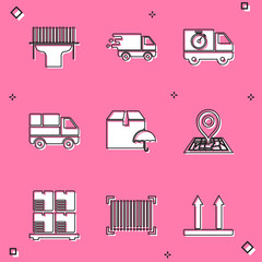 Sticker - Set Scanner scanning bar code, Delivery truck movement, and stopwatch, with boxes, package umbrella, Placeholder on map, Cardboard pallet and Barcode icon. Vector