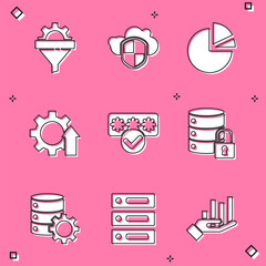 Poster - Set Sales funnel with gear, Cloud and shield, Pie chart infographic, Arrow growth, Password protection, Server security lock, and Server, Data, Web Hosting icon. Vector